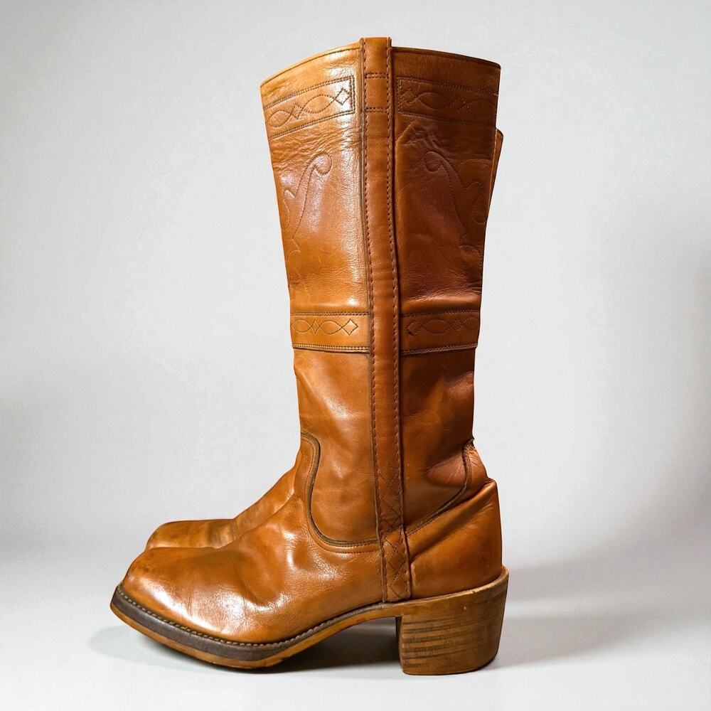 Vintage 70s Frye Campus Boots Womens Orange Leather Stitched High Shaft Sz 11D